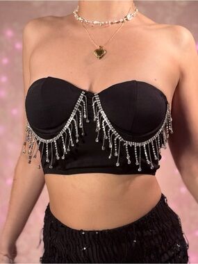 Black Strapless Bralette With Silver Rhinestone Fringe Detail